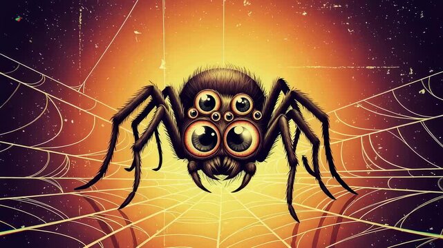 Cute spider sitting on spiderweb for Halloween. Cartoon arthropod with big eyes in dark orange light. Creepy insect character for autumnal holiday decoration.