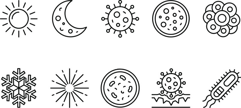 Science and microbiology line icon set with sun moon virus bacteria petri dish cell snowflake skin infection and lab biology outline symbols