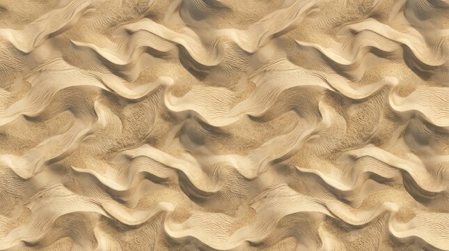 A close-up shot of undulating sand dunes, showcasing a complex, textured pattern resembling waves.