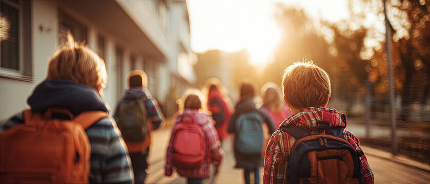 Group of children with backpacks walking to school in morning sunlight, showing education, friendship, and childhood togetherness.