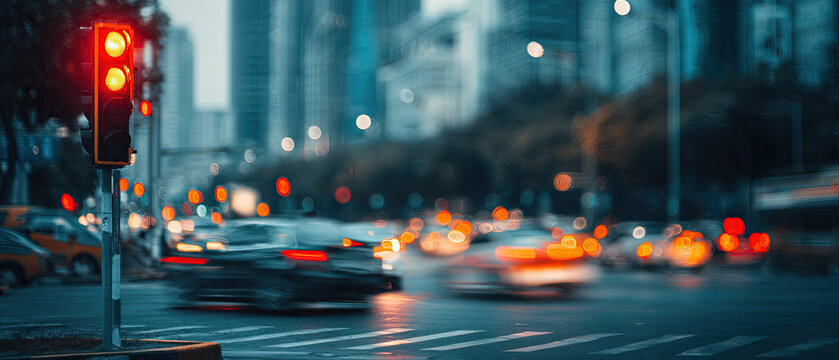 Busy urban intersection with cars stopped at a red traffic light, blurred city lights and buildings in the background for dynamic city atmosphere.