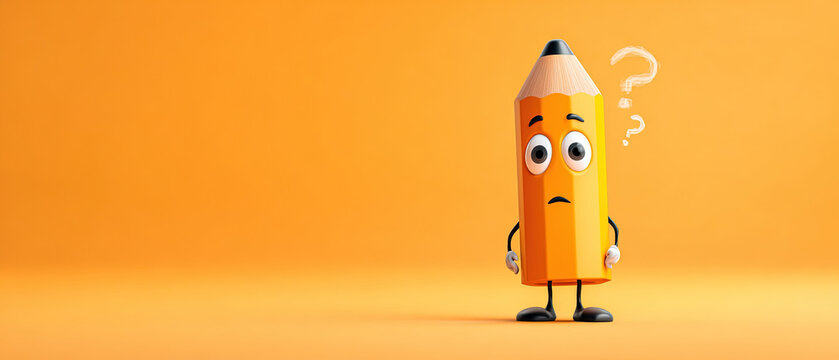 Cute cartoon pencil character with puzzled expression and question mark, isolated on vibrant orange background, concept of confusion or problem solving.