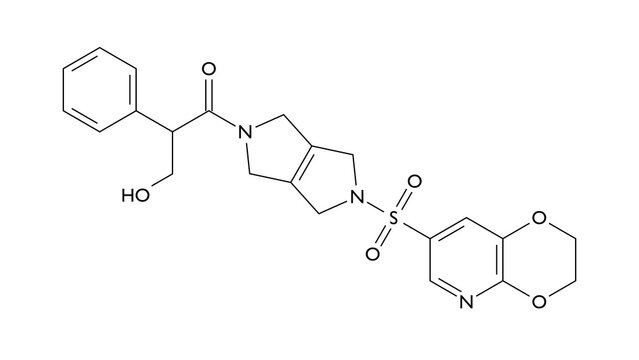 etavopivat molecule, structural chemical formula, ball-and-stick model, isolated image pyruvate kinase activator drug