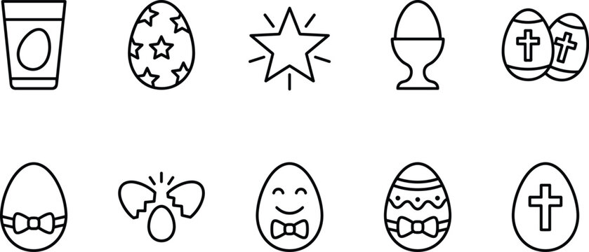 Easter egg celebration line icon set with holy cross star broken shell holder bow tie happy face and christian holiday decoration outline symbols