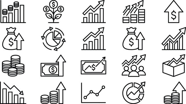 Business growth and financial line icon set with money tree chart arrow profit bag coins investment pie diagram and revenue success outline symbols