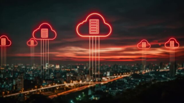 Cloud server city skyline at sunset with digital data center network connection and internet storage across cloud computing infrastructure for SEO search visibility