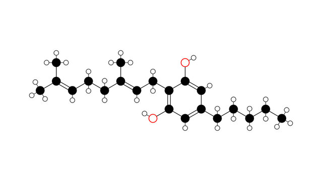 cannabigerol molecule, structural chemical formula, ball-and-stick model, isolated image anti-inflammatory agent