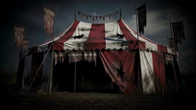 Abandoned carnival tent in dark field at night. Creepy circus marquee with ripped fabric. Haunted attraction for halloween. Scary festive scenery and nightmare.