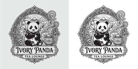 Ivory Panda tea lounge vintage badge featuring a panda and traditional teapot © Hamdani