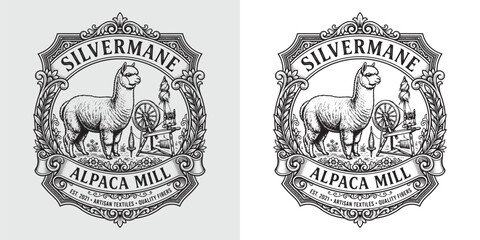 Silvermane Alpaca Mill vintage emblem with alpaca illustration and spinning wheel © Hamdani