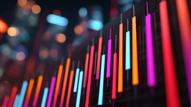 Neon light bar abstract background with colorful vertical glow, blur, bokeh, dark futuristic digital space, vivid line pattern, music equalizer concept