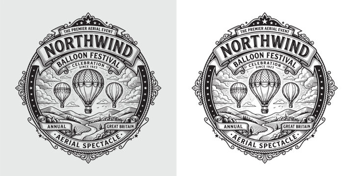 Vintage Northwind Balloon Festival badge illustration with hot air balloons over British landscape
