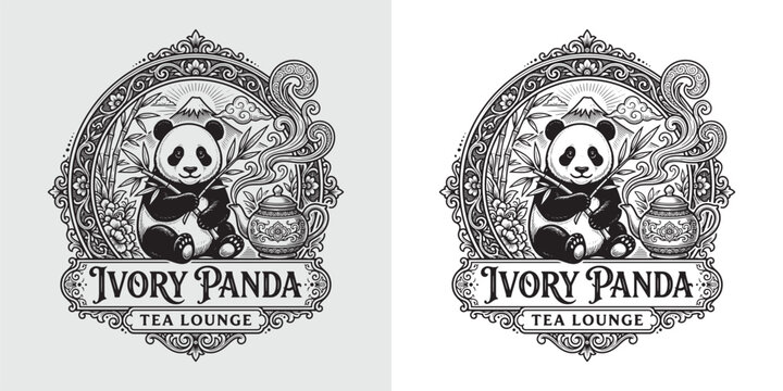 Ivory Panda tea lounge vintage badge featuring a panda and traditional teapot