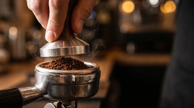 Barista tamping fresh coffee grounds into espresso machine portafilter