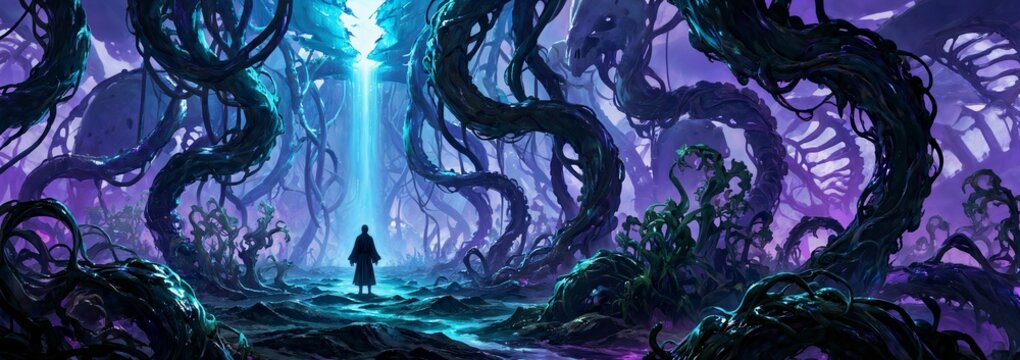 Traveler In Surreal Alien Vine Forest