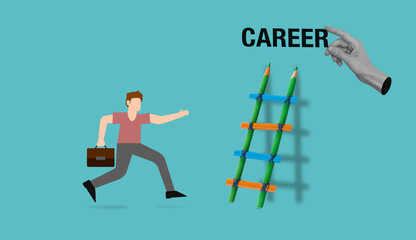 Man rushes forward with briefcase, eyes focused on goal. Pencil ladder stands tall, symbolizing career advancement. © Pawel