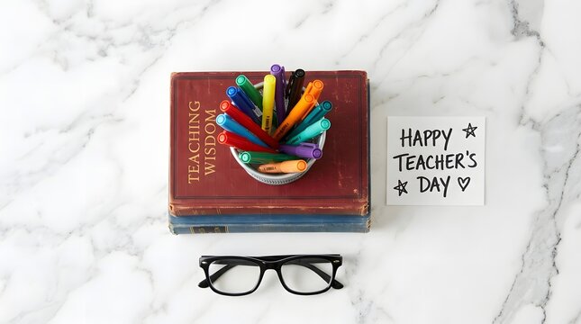 Teacher's day celebration with colorful markers and glasses