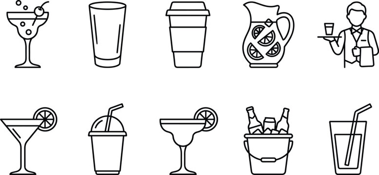 Drink and cocktail line icon set with martini margarita glass coffee cup waiter juice bucket pitcher and beverage service outline symbols