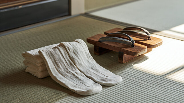 tabi. New Japanese tabi socks and geta sandals arranged on a tatami mat. lifestyle magazines, social media lookbooks, designed for lifestyle magazines and social media content, used by videographers.