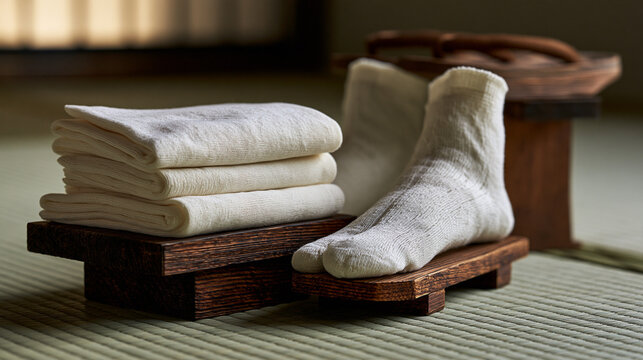 tabi. New Japanese tabi socks and geta sandals arranged on a tatami mat. lifestyle magazines, social media lookbooks, designed for lifestyle magazines and social media content, used by videographers.
