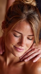 Fototapeta premium A woman with her eyes closed is enjoying a shoulder massage, radiating calm and providing a soothing backdrop for advertisements for spas and personal care.