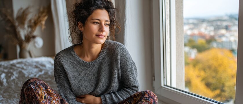 A woman in a jumper sits by the window, gazing out at the autumnal city &mdash; a tranquil backdrop for reflection, solitude and inner peace in a homely setting.