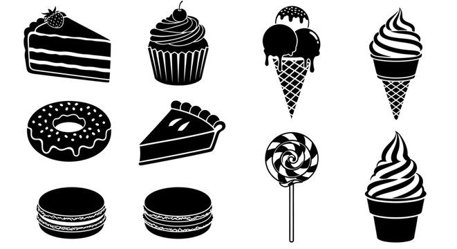 Black and white illustrations of various sweet treats.