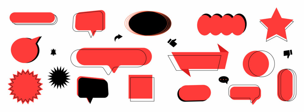 Speech bubble and button set in red and black. Horizontal vector collection featuring diverse geometric shapes for web UI, social media marketing, stickers, and promotional banner design elements.