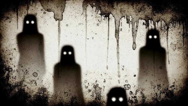 Shadowy ghosts with glowing eyes emerging from decaying wall. Creepy spirits appearing for Halloween. Supernatural apparitions in dark grunge background haunt.