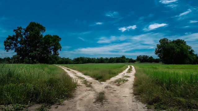Dirt road splitting lush green field under bright blue sky with scattered trees
