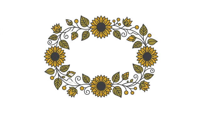 Oval floral wreath with sunflowers and green leaves.