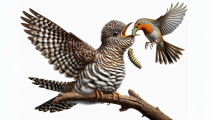 Naklejka premium Cuckoo chick with adoptive parent bird