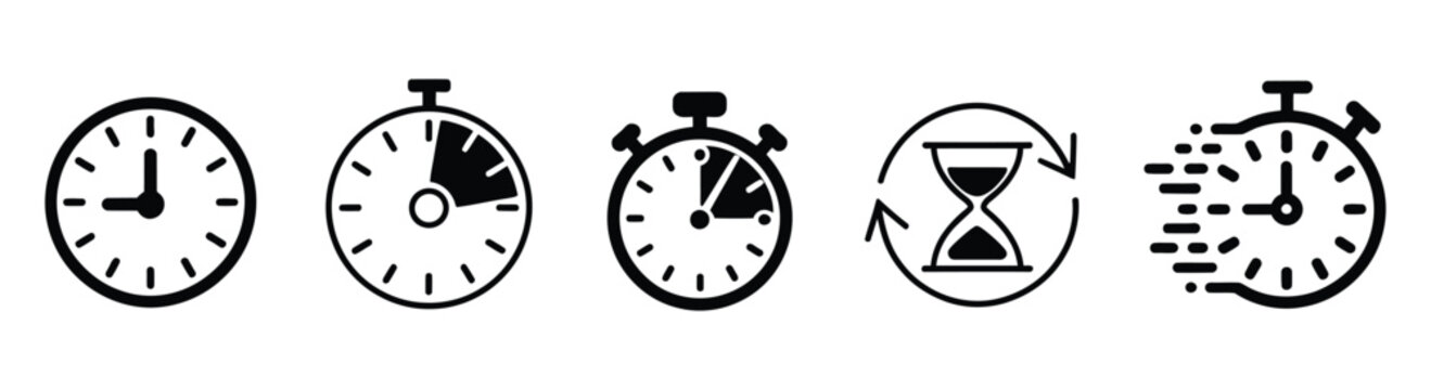 Time and Clock Icons Set Featuring Stopwatch, Timer, Progress Bar, Speed Clock, and Watch Symbols for Time Management Design