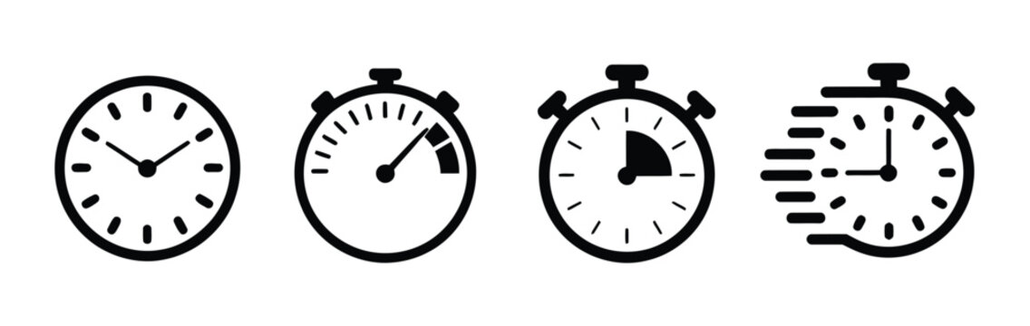 Time and Clock Icons Set Featuring Stopwatch, Timer, Progress Bar, Speed Clock, and Watch Symbols for Time Management Design