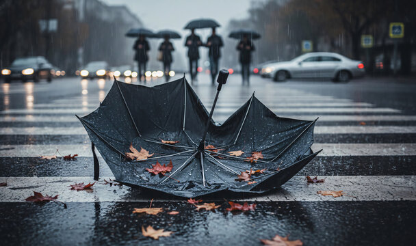 Broken Umbrella on Rainy City Crosswalk During Autumn Storm, Awkward Autumn Moment, Urban Loneliness and Seasonal Mishap Concept