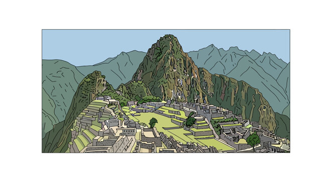 Stylized illustration of Machu Picchu in the Andes mountains.