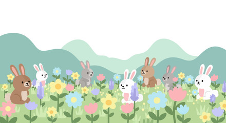 Fototapeta premium Cute bunnies playing in a vibrant spring meadow with colorful flowers.