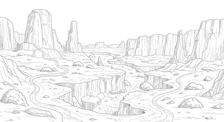 Fototapeta premium Line art sketch of a desert canyon landscape with rock formations and a winding road.