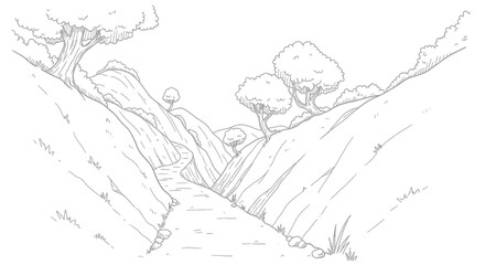 Obraz premium Hand-drawn illustration of a winding path through a scenic valley landscape.