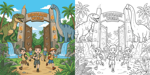  children visiting dinosaur world theme park cartoon clipart and lineart print vector illustration for color coloring book © Avijit