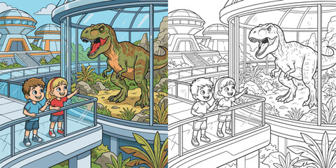  children visiting dinosaur world theme park cartoon clipart and lineart print vector illustration for color coloring book © Avijit