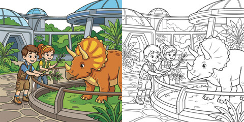  children visiting dinosaur world theme park cartoon clipart and lineart print vector illustration for color coloring book © Avijit