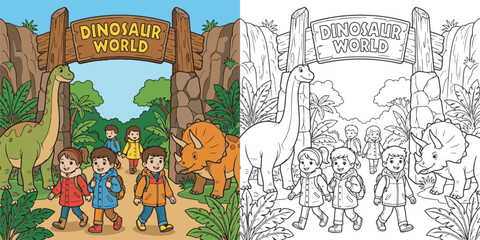  children visiting dinosaur world theme park cartoon clipart and lineart print vector illustration for color coloring book © Avijit
