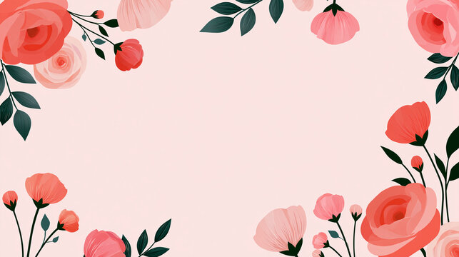 Minimal flat vector spring floral background, soft light blush pink pastel background, medium-sized rose flowers in coral pink, blush pink, colors, simple floral illustration style similar to cute mod