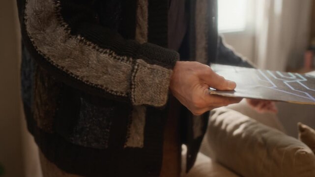 Cropped shot of unrecognizable senior man placing hand on vintage turntable while listening to music in cozy living room with warm natural light