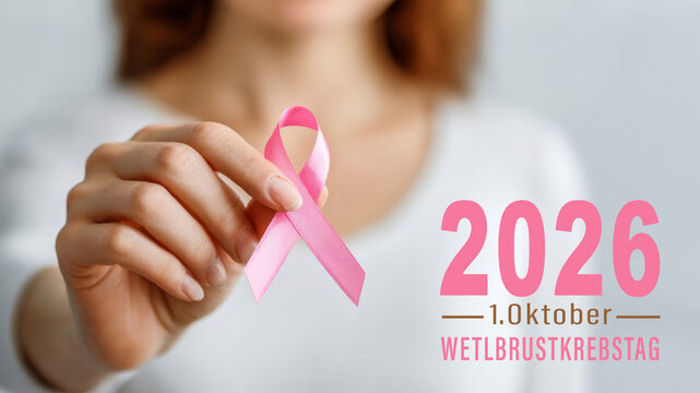 Weltbrustkrebstag 2026, 1. Oktober - Nahaufnahme von Frau mit pinker Brustkrebs Schleife und deutschem Text
