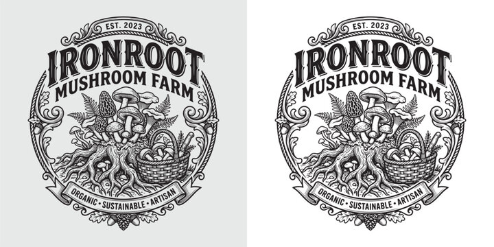 Hand-drawn vintage style emblem for Ironroot Mushroom Farm with fungi, basket, and organic labels