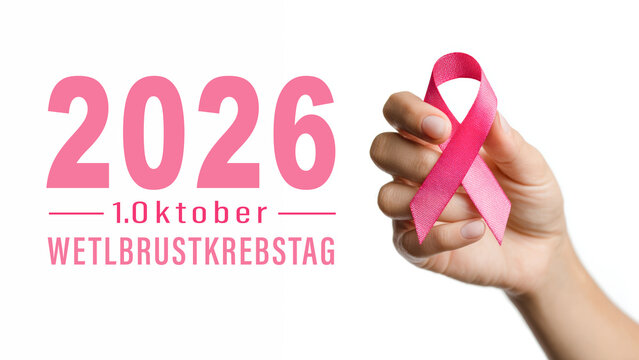Weltbrustkrebstag 2026, 1. Oktober - Nahaufnahme von Frau mit pinker Brustkrebs Schleife und deutschem Text