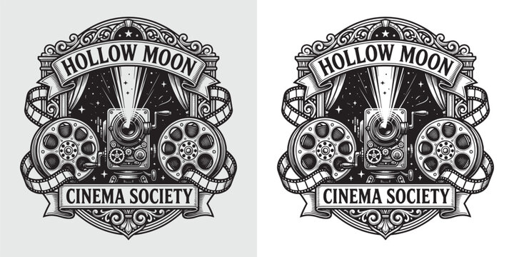 Cinematic vintage emblem for Hollow Moon Cinema Society with film reels and projector
