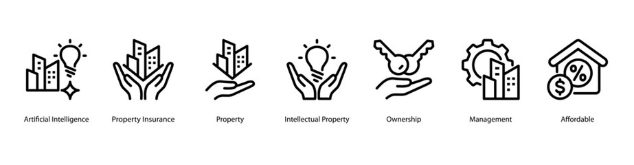 Obraz premium Property Management web banner icon vector illustration featuring Artificial Intelligence, Property Insurance, Property, Intellectual Property, Ownership, Management, and Affordable.
